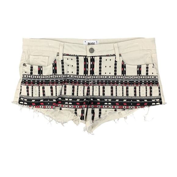 Paige Shorts Womens 31 Beige Denim Echo Park Nomad Cut Off Raw Hem Printed - Picture 1 of 11